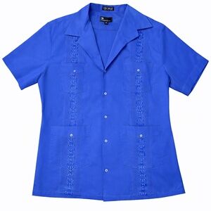 NWT Omega Fashion Blue Embroidered Guayabera Shirt | XL 17–17.5